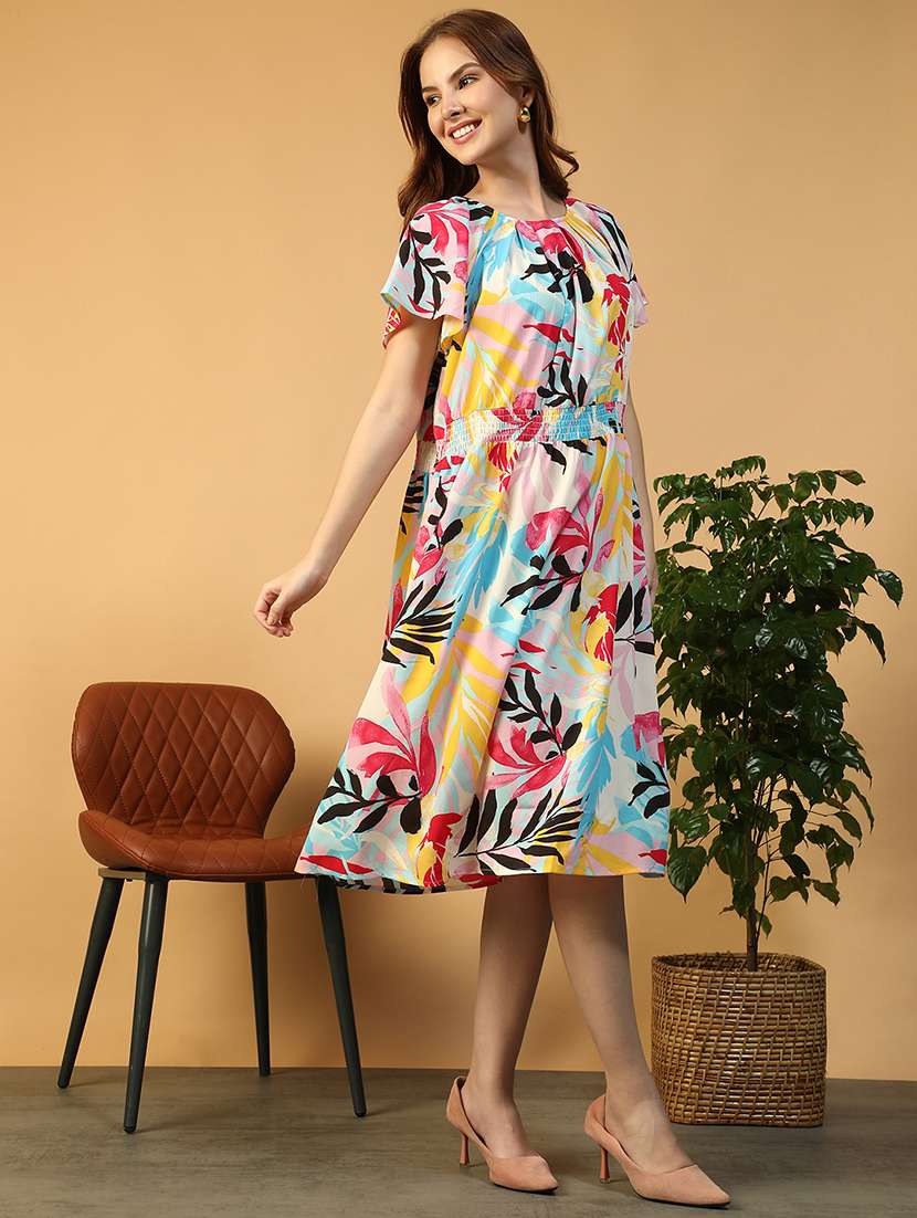 women printed puff sleeve fit & flare dress - 22147508 -  Standard Image - 3