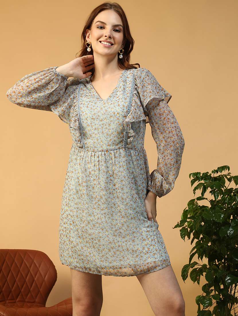 women printed  puff sleeve a-line dress