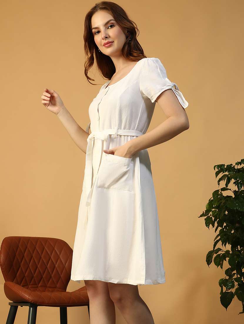 women  white solid short sleeve a-line dress - 22147511 -  Standard Image - 3