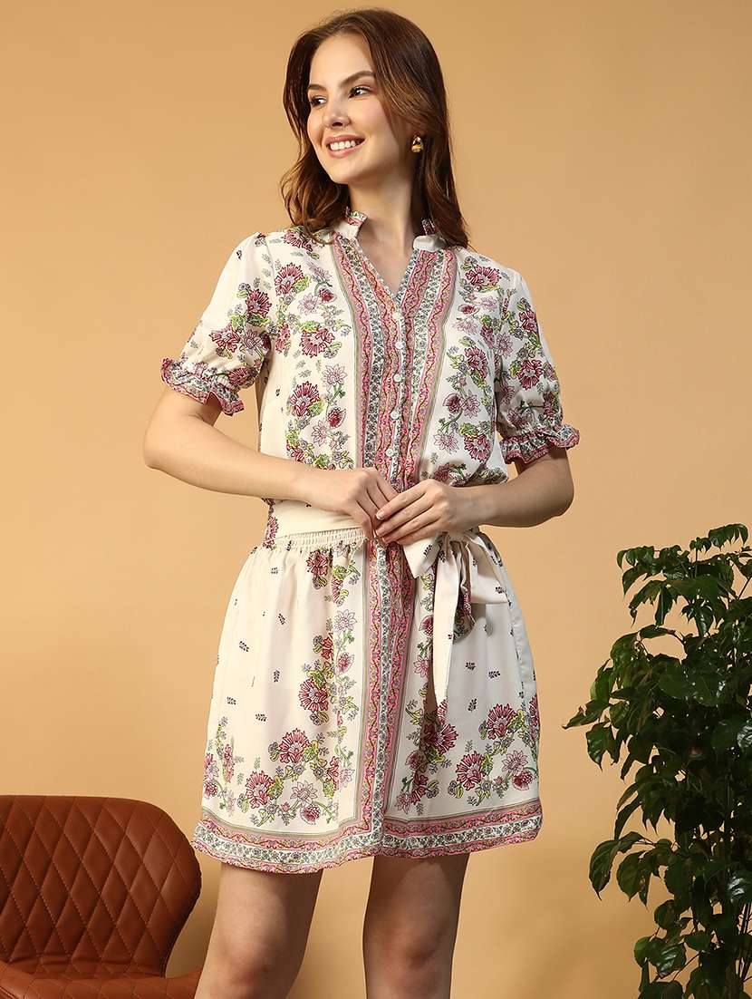 women printed puff sleeve fit & flare dress
