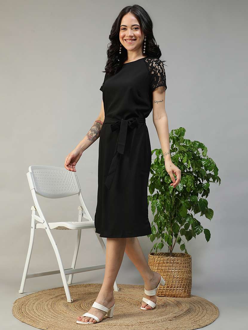 women black solid short sleeve a-line dress - 22147514 -  Standard Image - 3