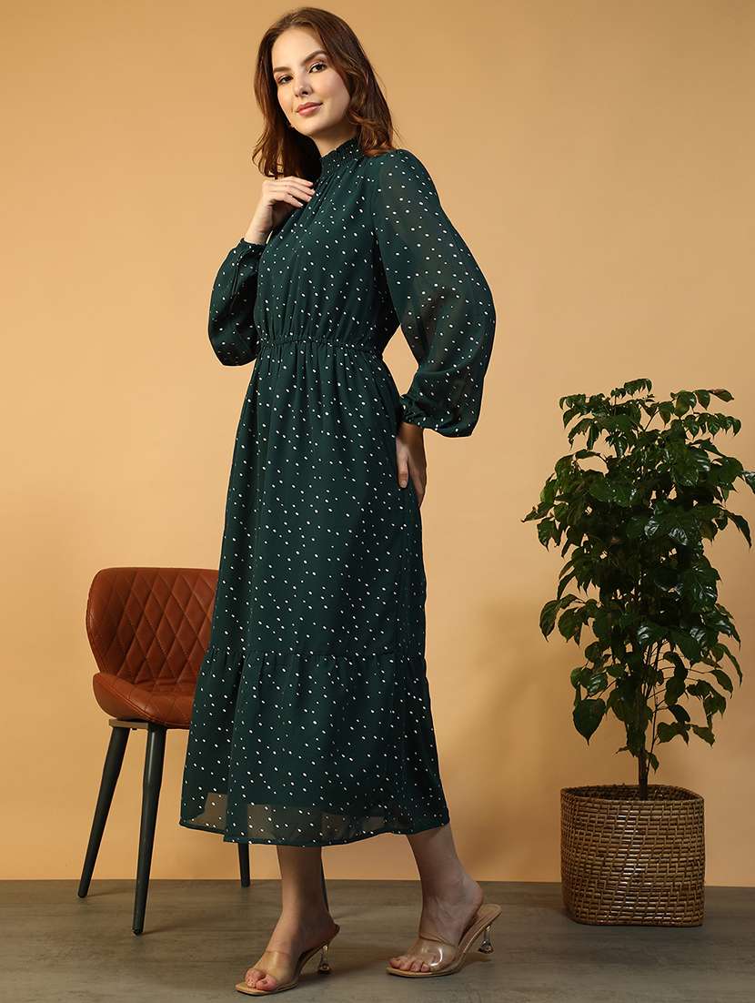 women printed mock neck puff sleeve tiered dress - 22147516 -  Standard Image - 3