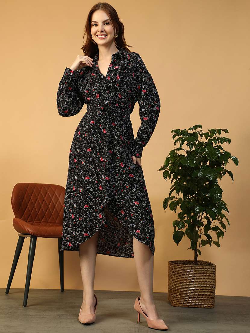 women printed collared long sleeve wrap dress