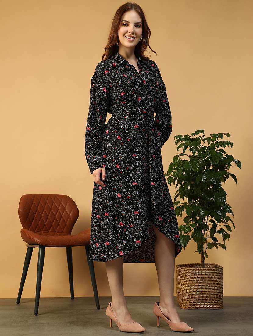 women printed collared long sleeve wrap dress - 22147517 -  Standard Image - 3