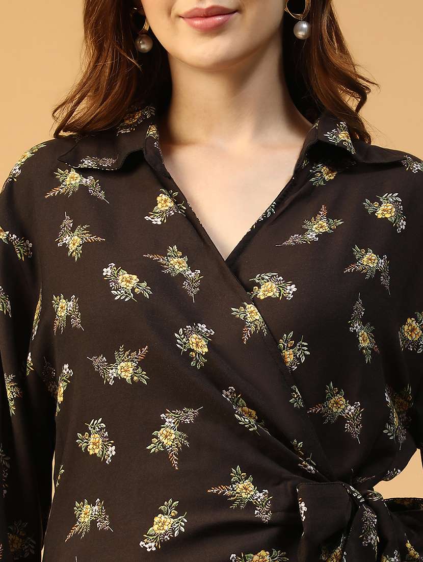 women printed long sleeve wrap dress - 22147518 -  Standard Image - 5