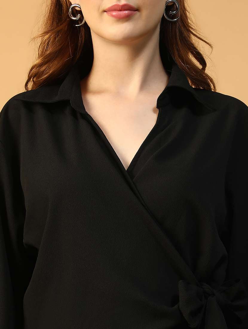 women black solid puff sleeve wrap dress - 22147519 -  Standard Image - 5