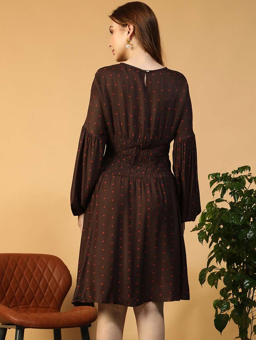 women printed puff sleeve fit & flare dress - 22147521 -  Standard Image - 5