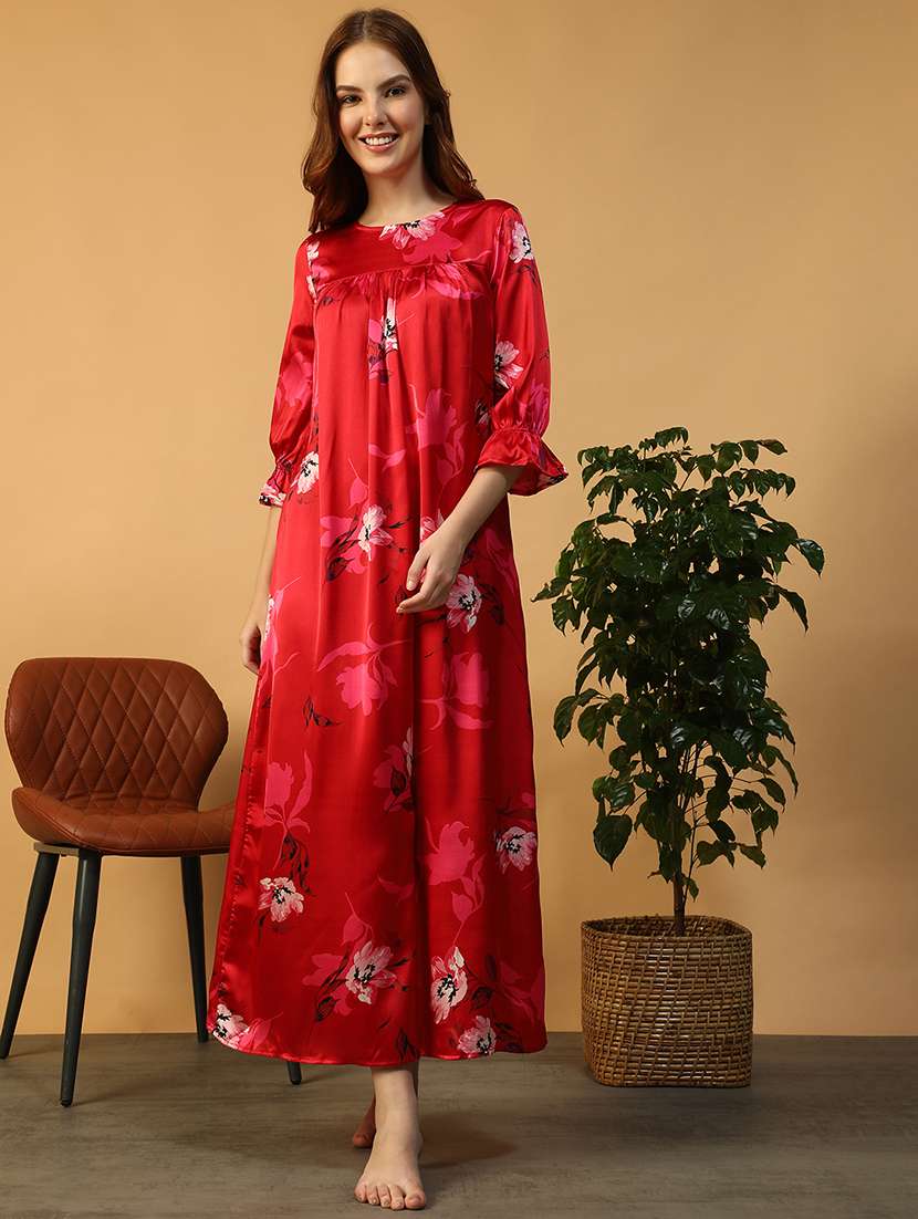 women floral print three quarter sleeve nighty