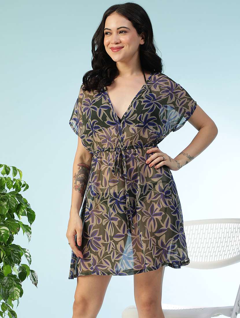 women printed short sleeve beachwear coverup dress