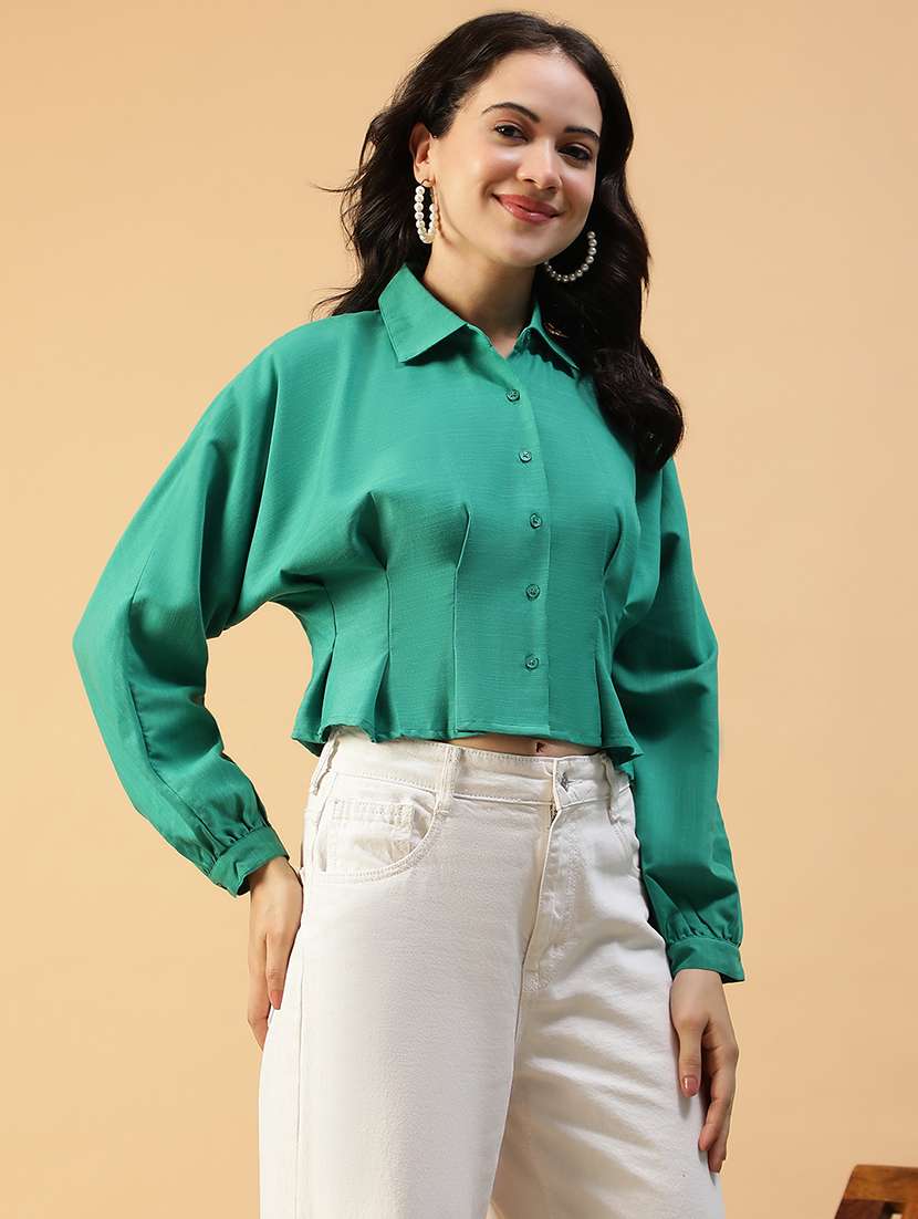women solid collared puff sleeve crop  shirt - 22147554 -  Standard Image - 3