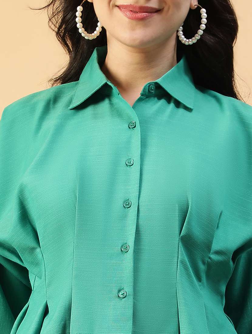 women solid collared puff sleeve crop  shirt - 22147554 -  Standard Image - 5