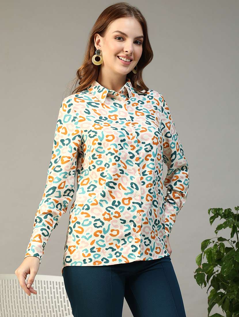 women printed collared long sleeve regular shirt