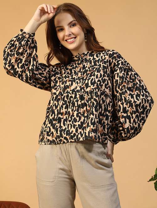 women animal print mandarin neck puff sleeve shirt - 22147558 -  Standard Image - 0