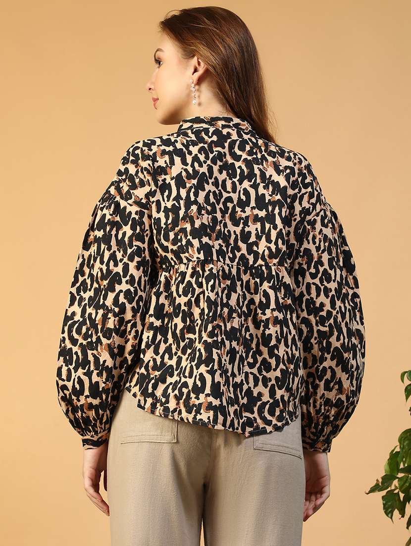 women animal print mandarin neck puff sleeve shirt - 22147558 -  Standard Image - 3