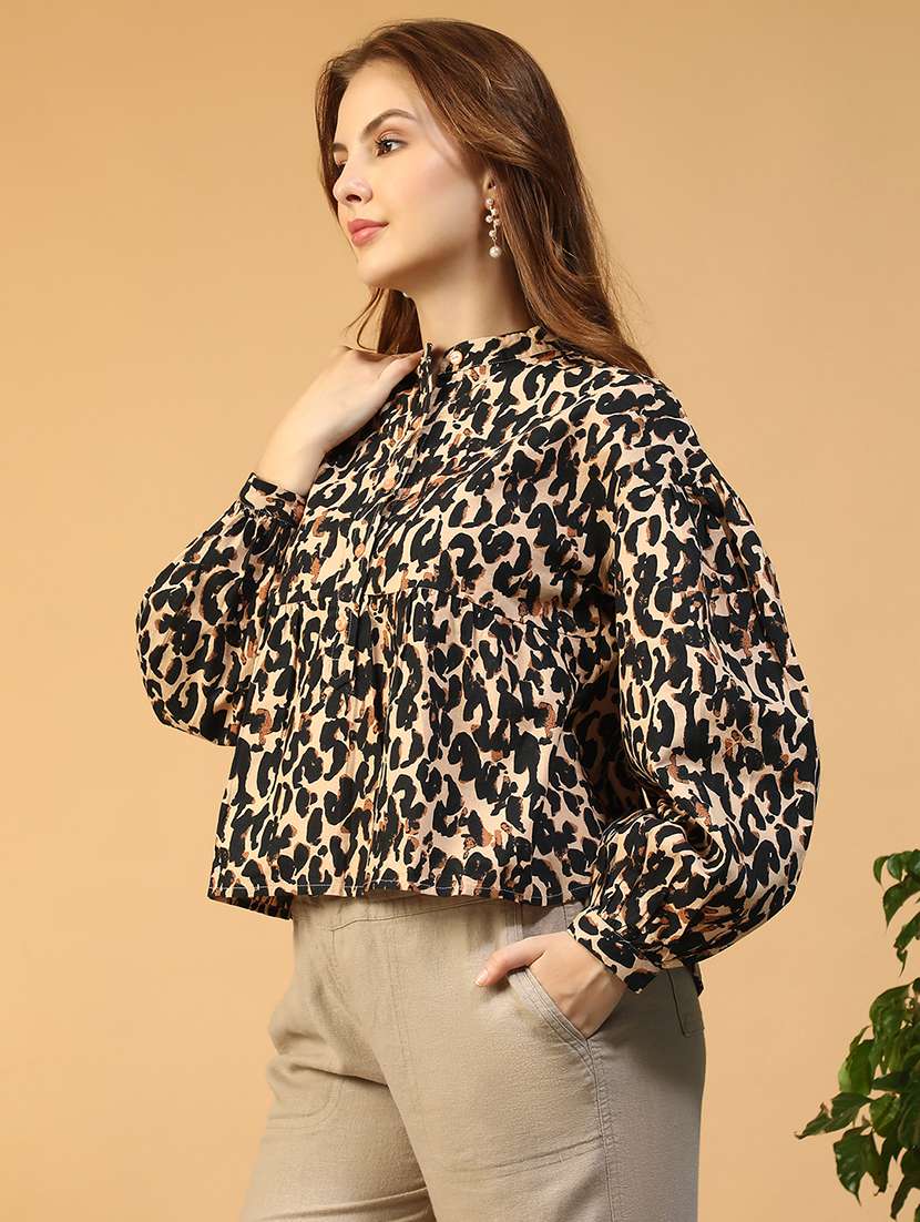women animal print mandarin neck puff sleeve shirt - 22147558 -  Standard Image - 5
