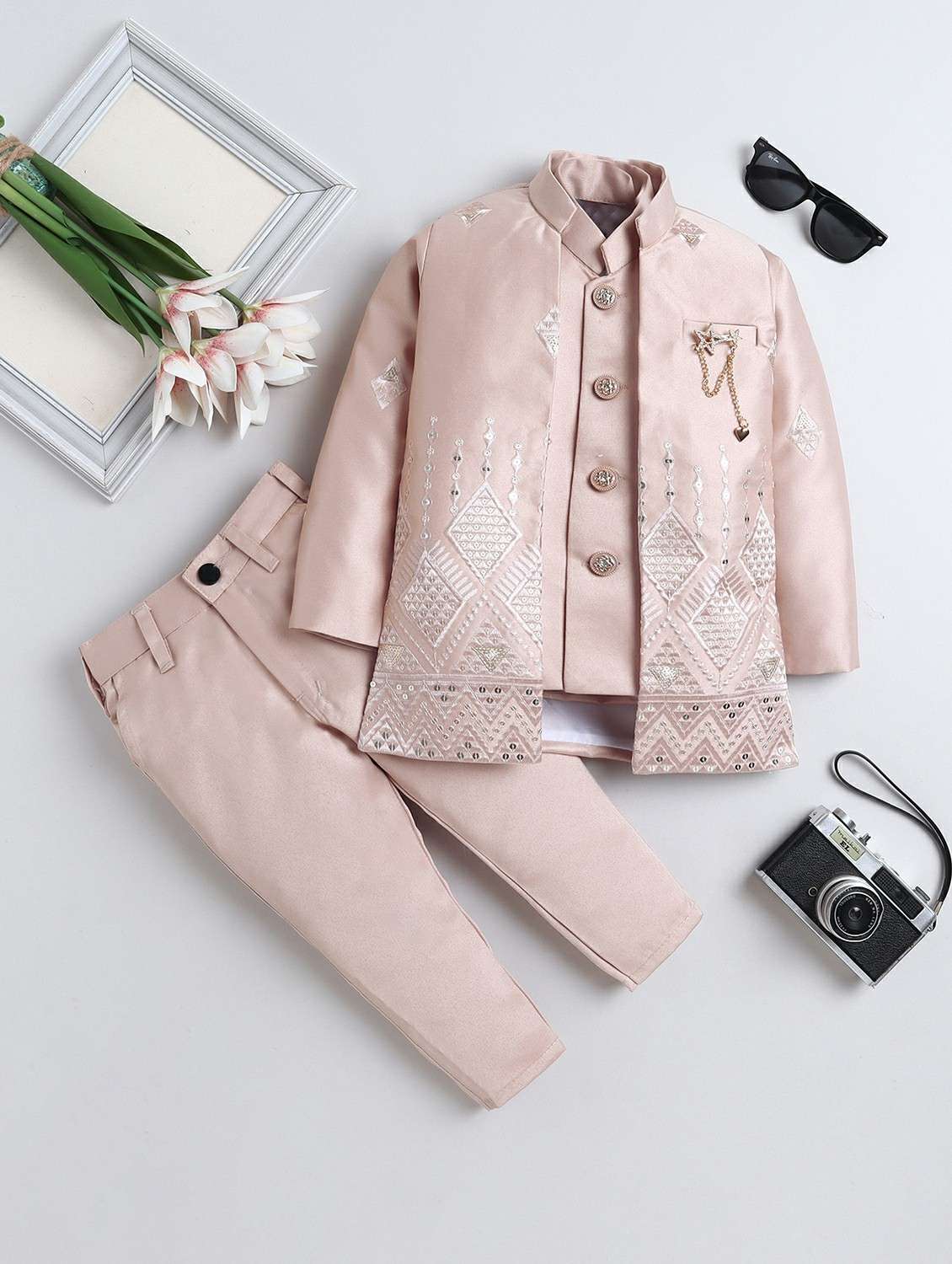 boys self designed long sleeve sherwani set