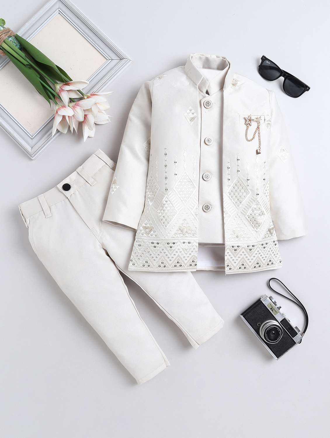 boys self designed long sleeve sherwani set