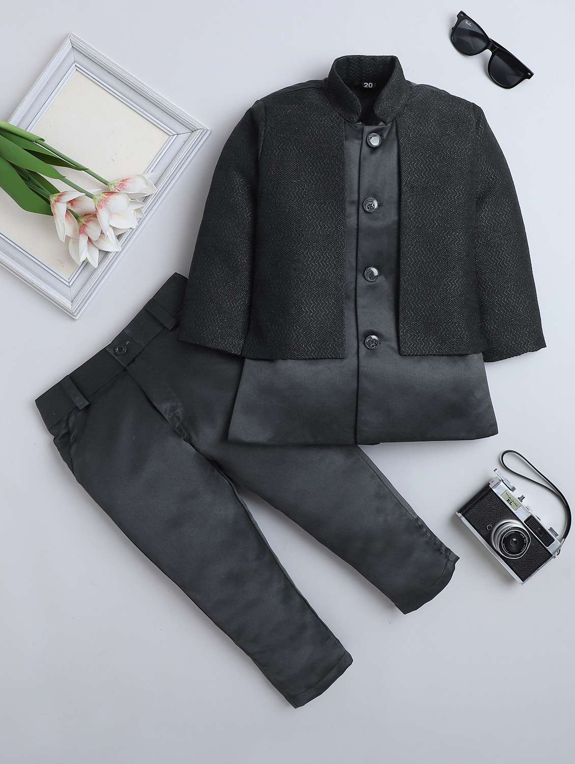 boys self designed long sleeve sherwani set