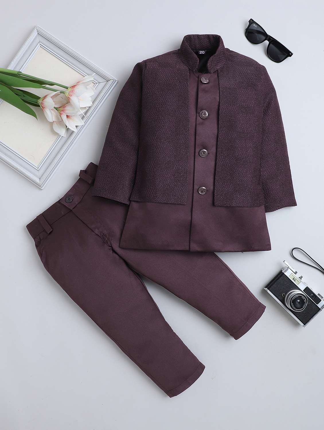 boys self designed long sleeve sherwani set