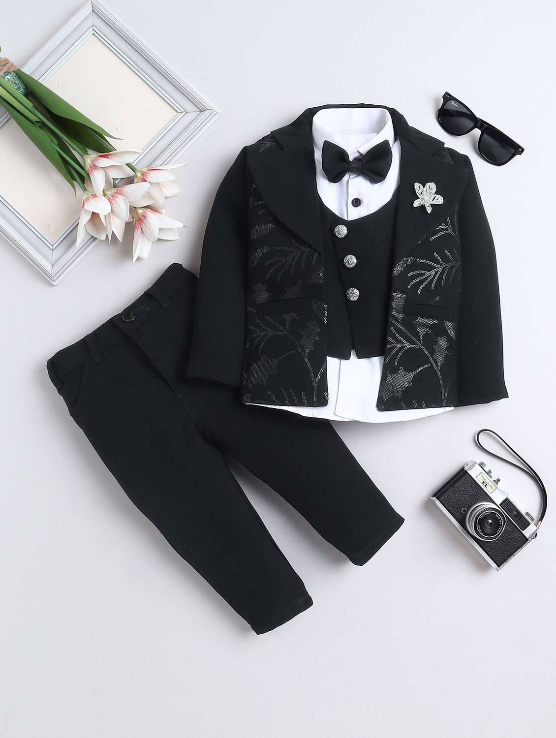 boys self designed blazer and trouser with shirt set