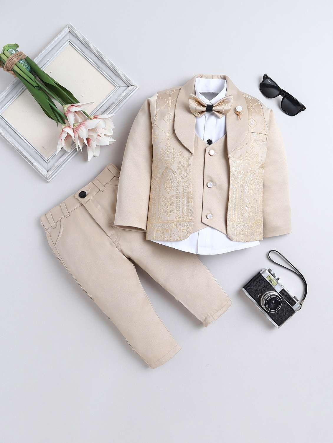 boys self designed blazer and trouser with shirt set