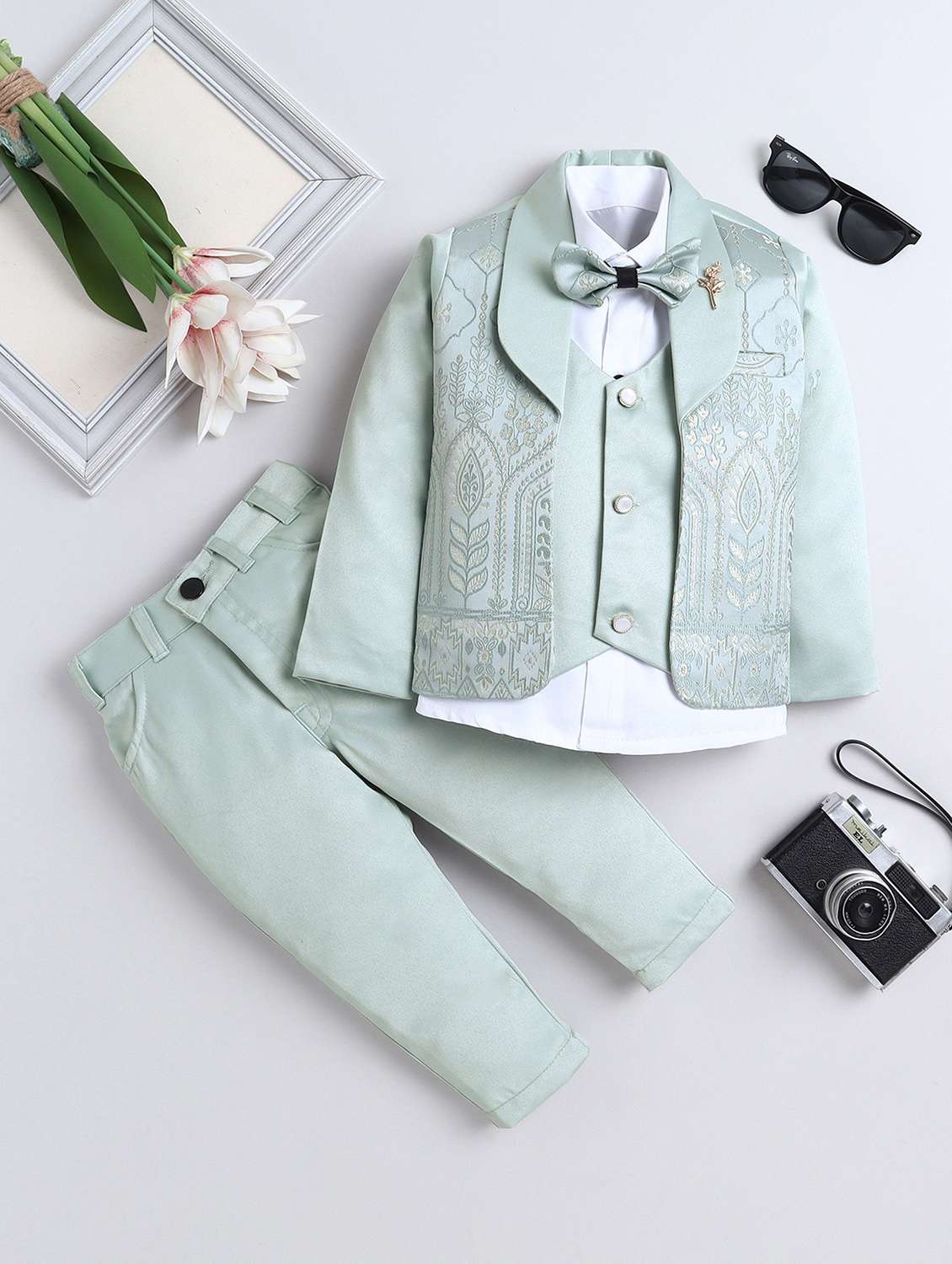 boys self designed blazer and trouser with shirt set