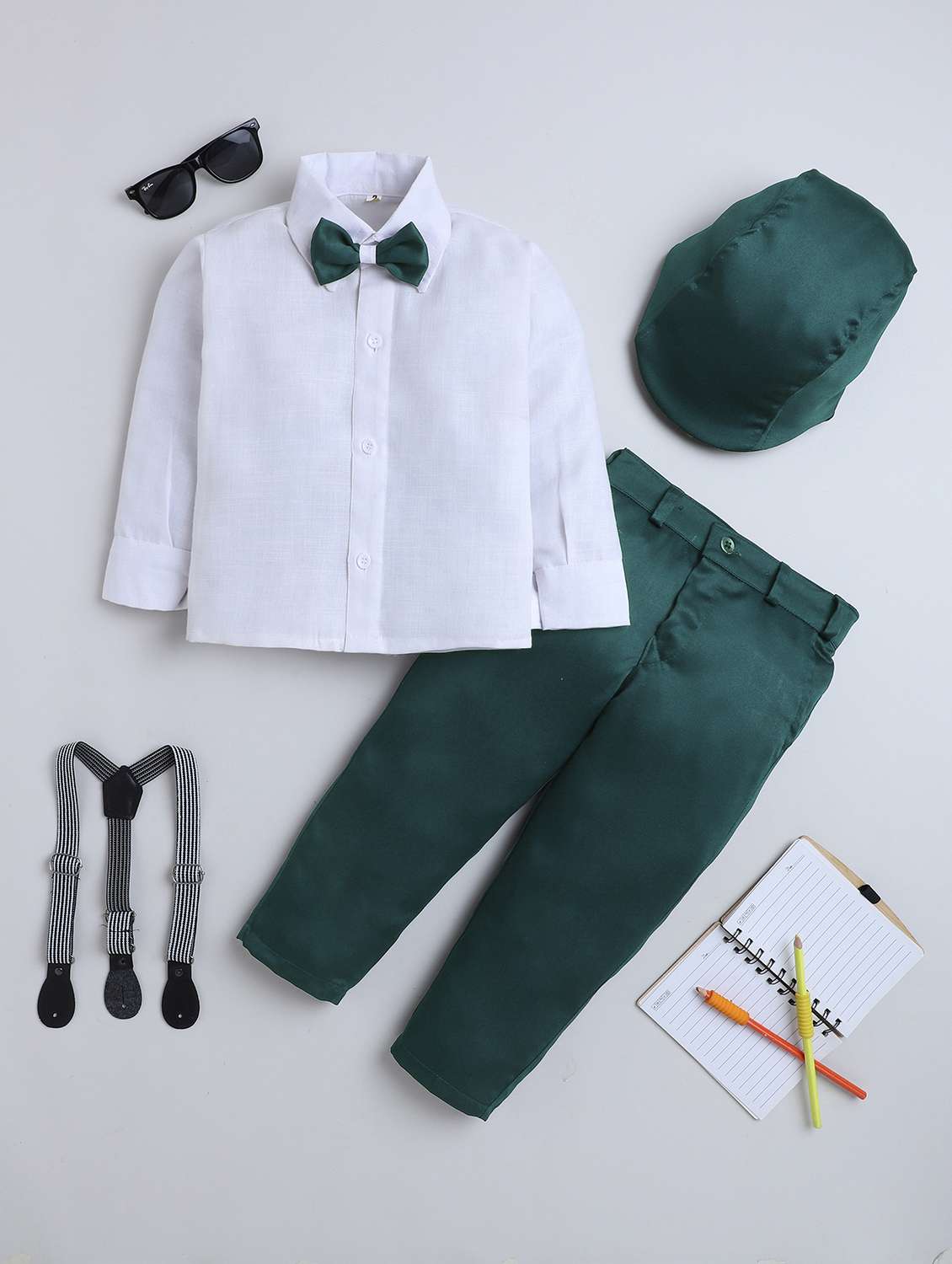 boys solid shirt & trouser with cap set