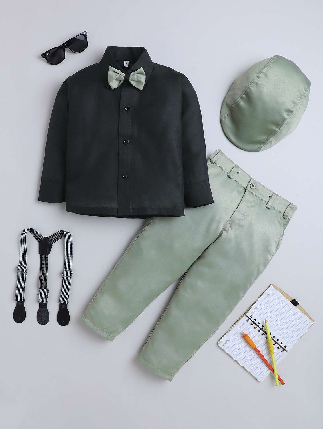 boys solid shirt & trouser with cap set