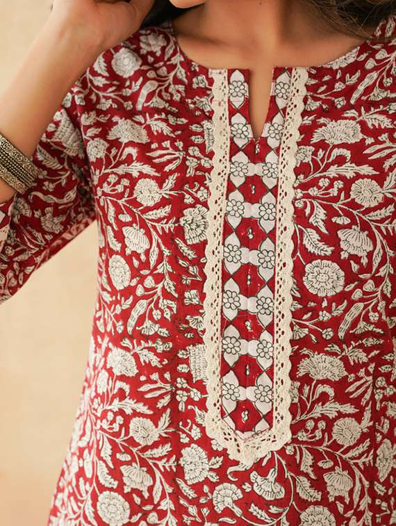 women floral printed notch neck straight kurti - 22147736 -  Standard Image - 5