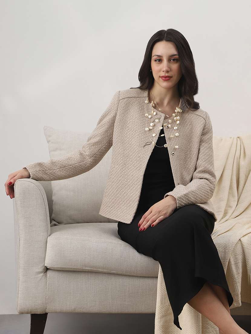 globus women beige texture self design round neck long sleeve 2 side pocket tailored fit winterwear overcoat  - 22147740 -  Zoom Image - 0