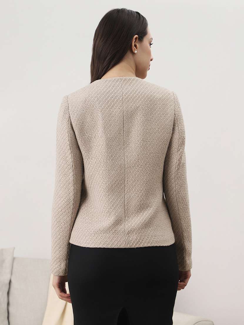 globus women beige texture self design round neck long sleeve 2 side pocket tailored fit winterwear overcoat  - 22147740 -  Standard Image - 3