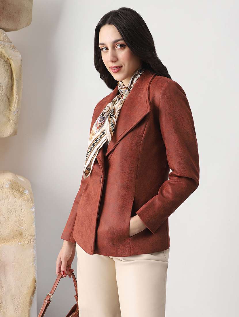 globus women rust shawl collar long sleeves self design suede 2 pockets soft functional winterwear overcoat