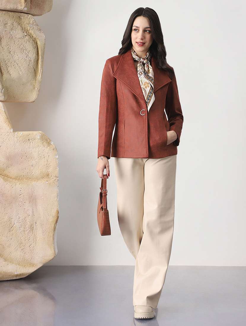 globus women rust shawl collar long sleeves self design suede 2 pockets soft functional winterwear overcoat - 22147741 -  Standard Image - 3