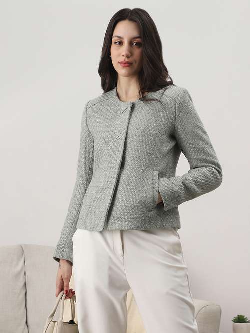 globus women green texture self design round neck long sleeve 2 side pocket tailored fit winterwear overcoat  - 22147743 -  Standard Image - 0