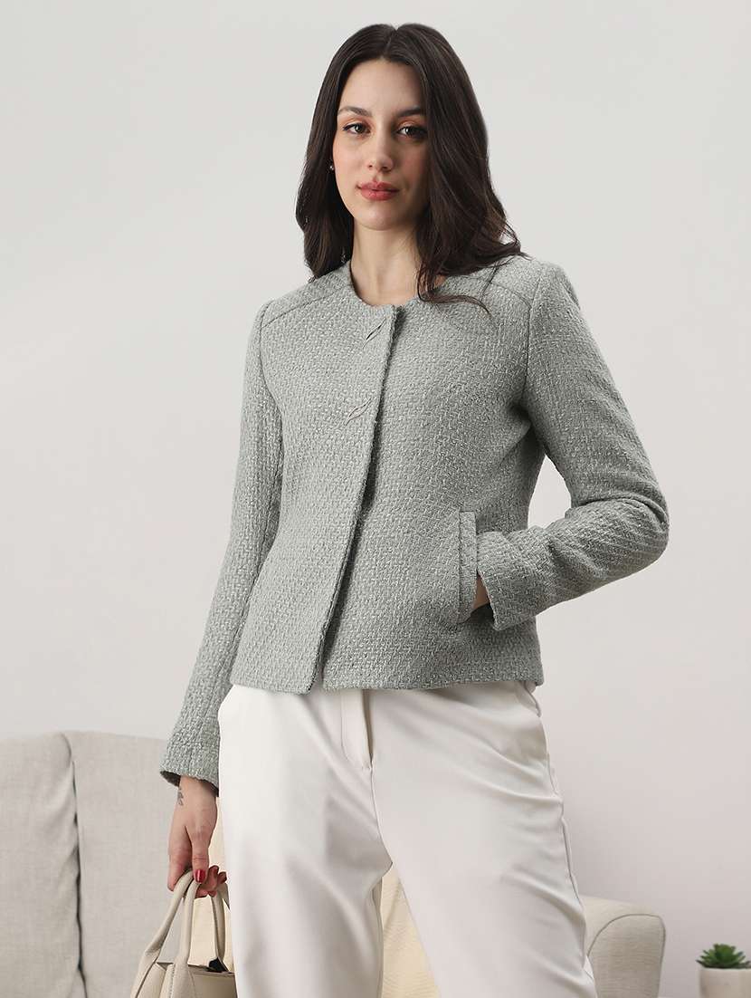 globus women green texture self design round neck long sleeve 2 side pocket tailored fit winterwear overcoat  - 22147743 -  Zoom Image - 0