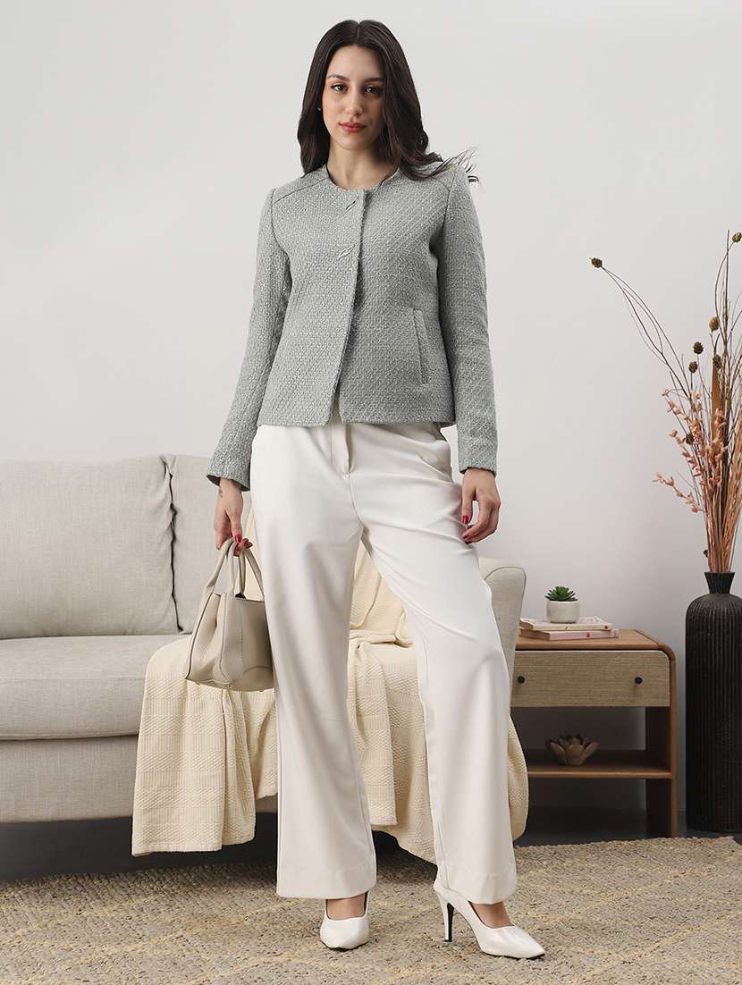 globus women green texture self design round neck long sleeve 2 side pocket tailored fit winterwear overcoat  - 22147743 -  Standard Image - 3