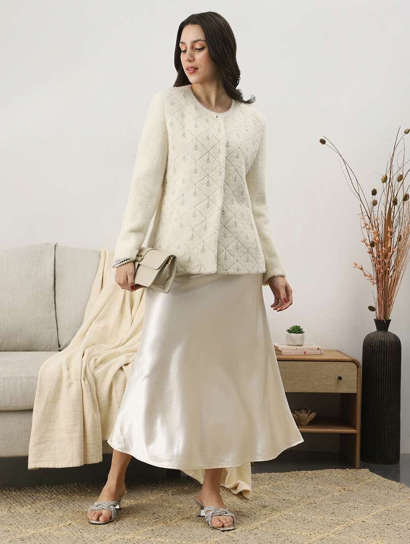 globus women white self design embellished work round neck long sleeves suede 2 pocket soft functional winterwear overcoat - 22147745 -  Standard Image - 3