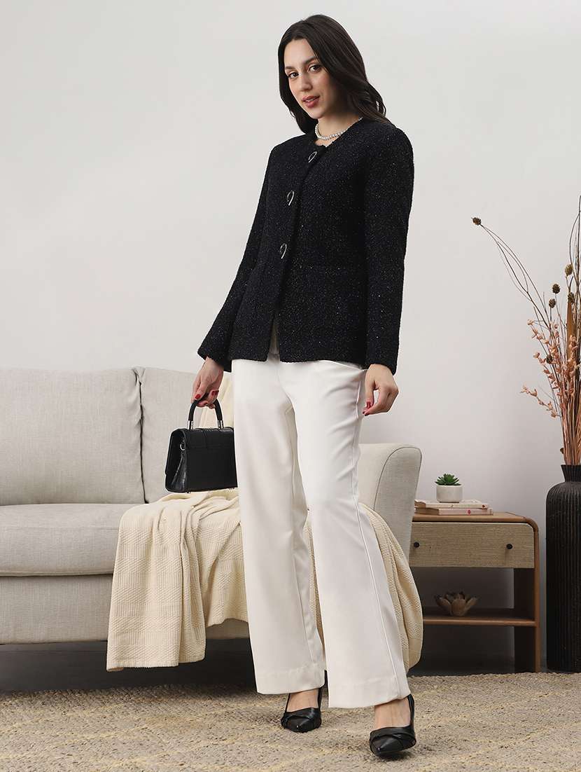 globus women black round neck long sleeves shimmer self design 2 pockets tailored fit winter wear overcoat - 22147746 -  Standard Image - 3