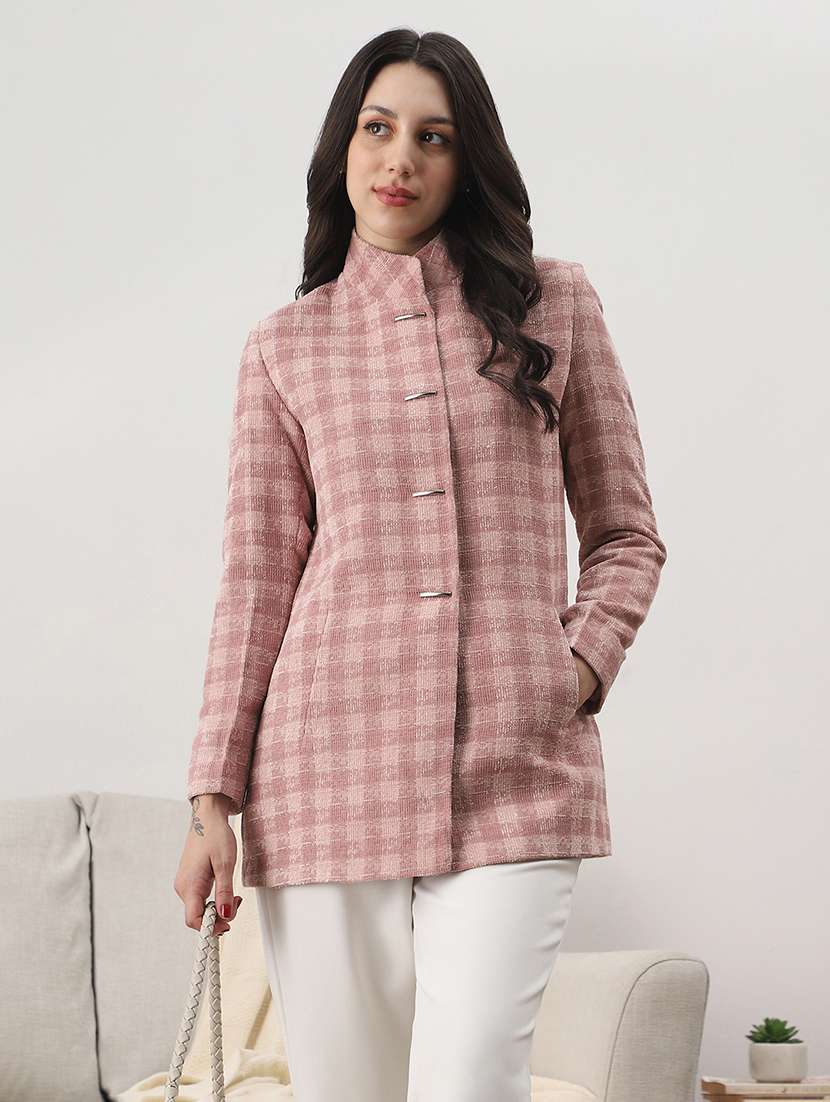 globus women pink mock collar long sleeves self checkered 2 pockets hip length winterwear overcoat