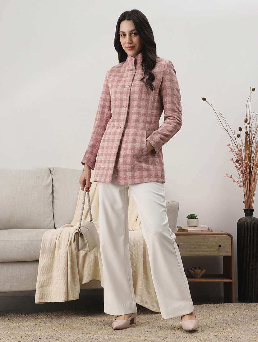 globus women pink mock collar long sleeves self checkered 2 pockets hip length winterwear overcoat - 22147748 -  Standard Image - 3