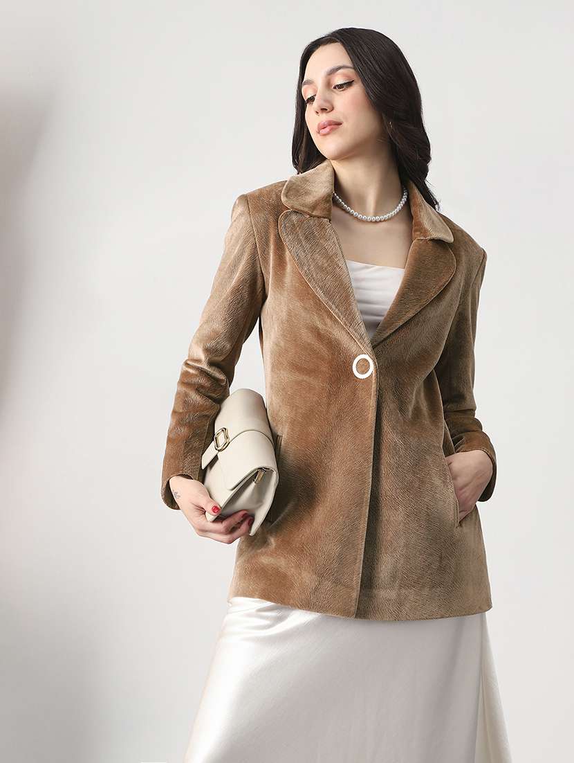 globus women beige lapel collar long sleeves self design suede 2 pockets soft functional hip length winterwear overcoat