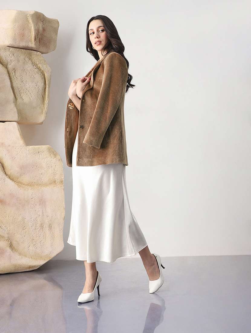 globus women beige lapel collar long sleeves self design suede 2 pockets soft functional hip length winterwear overcoat - 22147751 -  Standard Image - 3