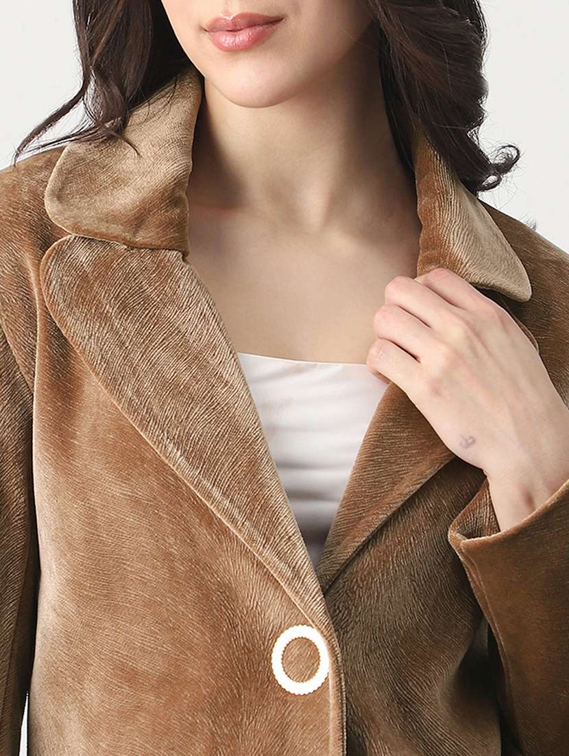 globus women beige lapel collar long sleeves self design suede 2 pockets soft functional hip length winterwear overcoat - 22147751 -  Standard Image - 5