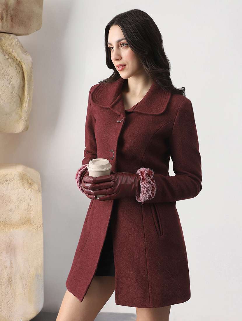 globus women burgundy self design shirt collar long sleeve hip length tailored fit overcoat  - 22147752 -  Zoom Image - 0
