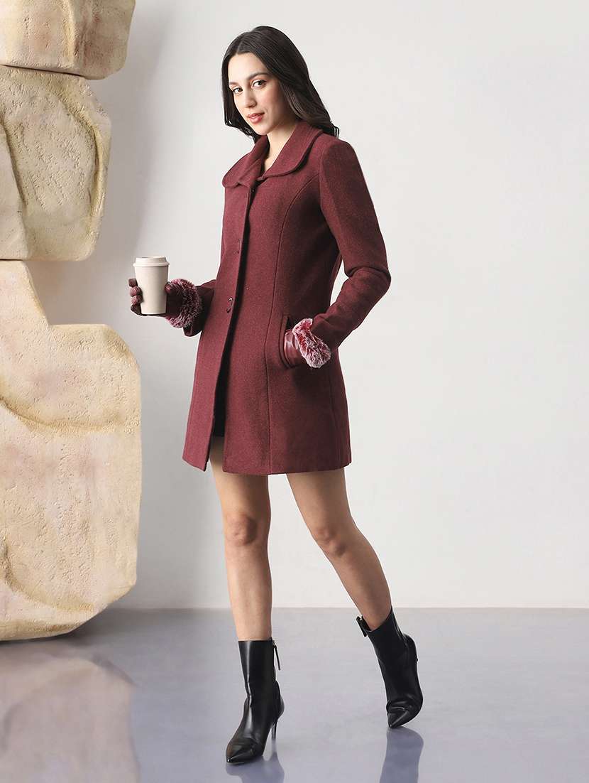 globus women burgundy self design shirt collar long sleeve hip length tailored fit overcoat  - 22147752 -  Standard Image - 3