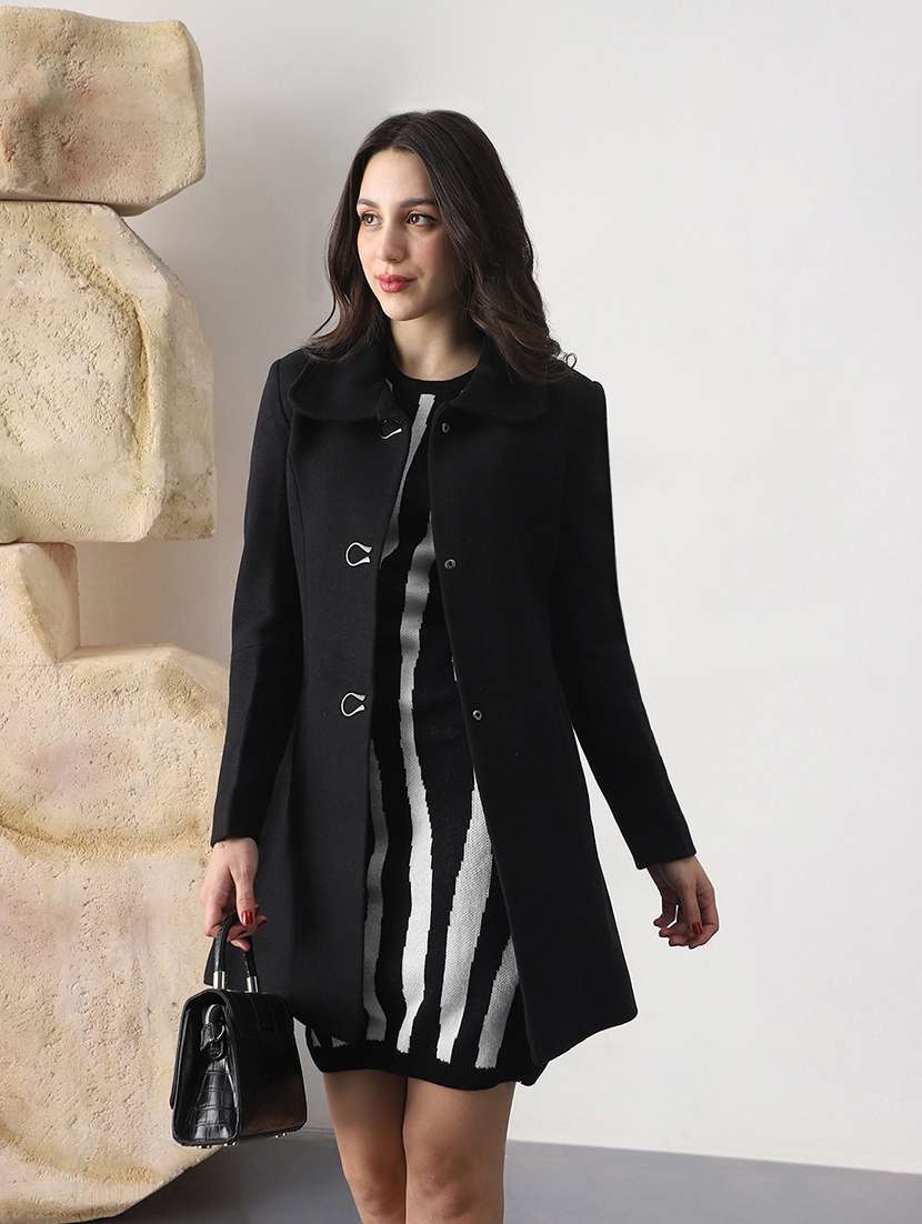 globus women black self design shirt collar long sleeve hip length tailored fit overcoat 