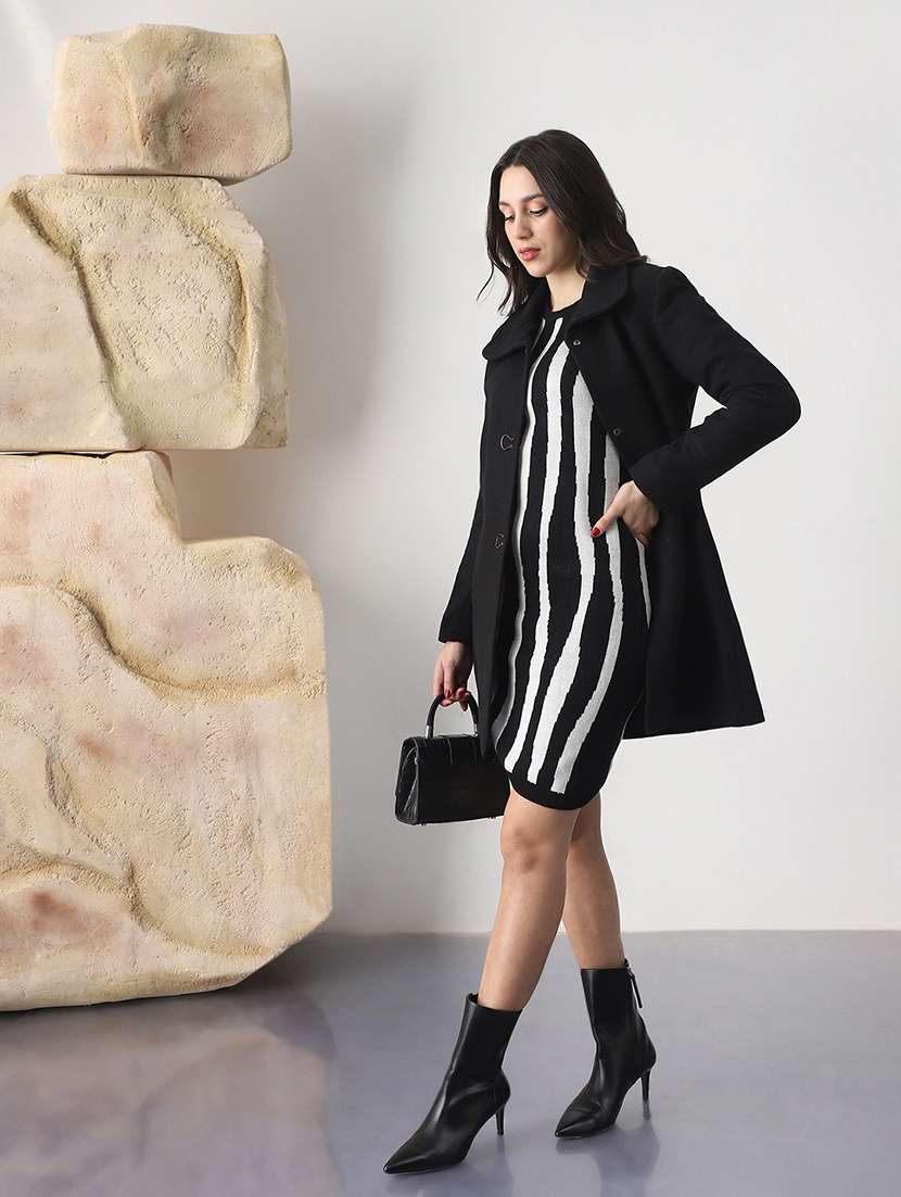 globus women black self design shirt collar long sleeve hip length tailored fit overcoat  - 22147753 -  Standard Image - 3