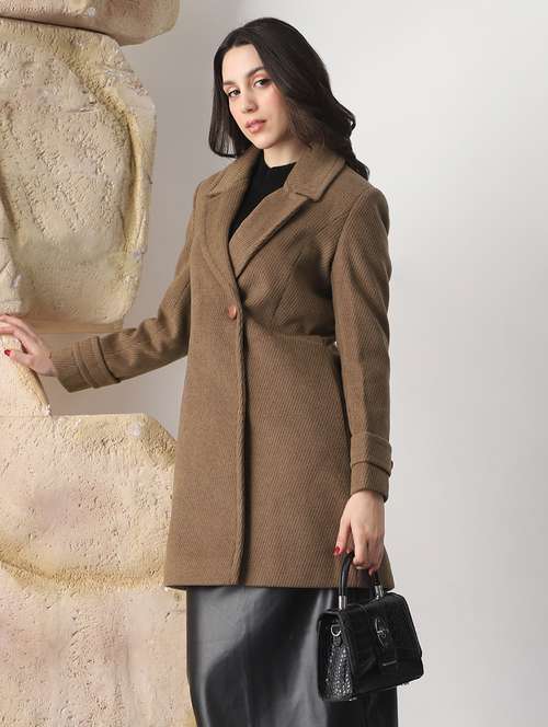 globus women beige notched lapel long sleeves striped self design 2 pockets hip length winterwear overcoat - 22147755 -  Standard Image - 0