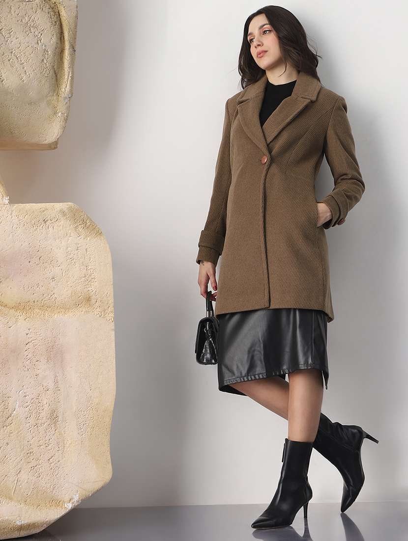 globus women beige notched lapel long sleeves striped self design 2 pockets hip length winterwear overcoat - 22147755 -  Standard Image - 3