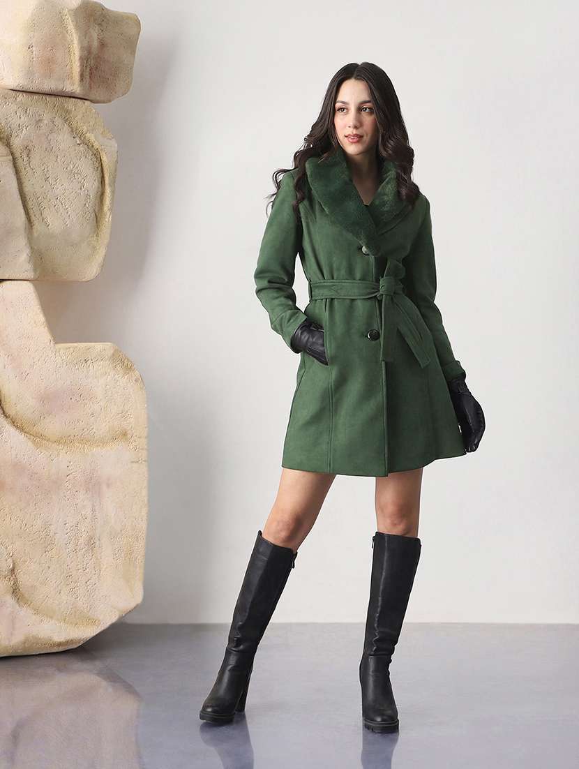 globus women olive shawl collar long sleeves self design faux fur detail 2 pockets hip length belted winterwear overcoat - 22147756 -  Standard Image - 3